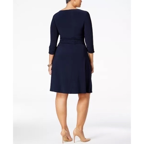 NWT NY Collection Navy Ruched A-Line Dress - Picture 2 of 8